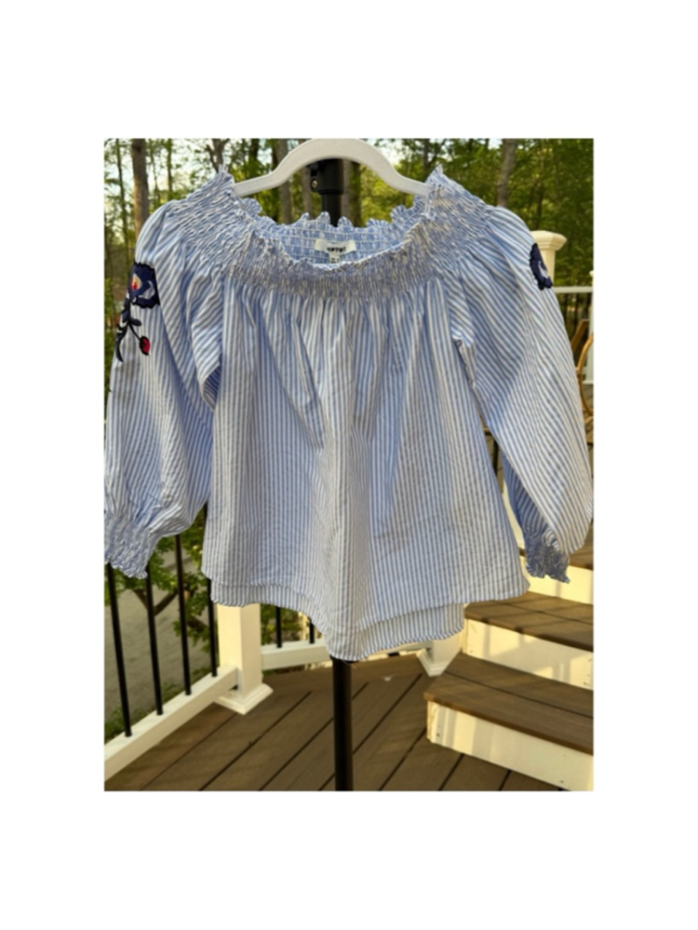 Women's Koton Blue White Striped Embroidered Off-Shoulder Blouse US Sz. 8 (NWT)